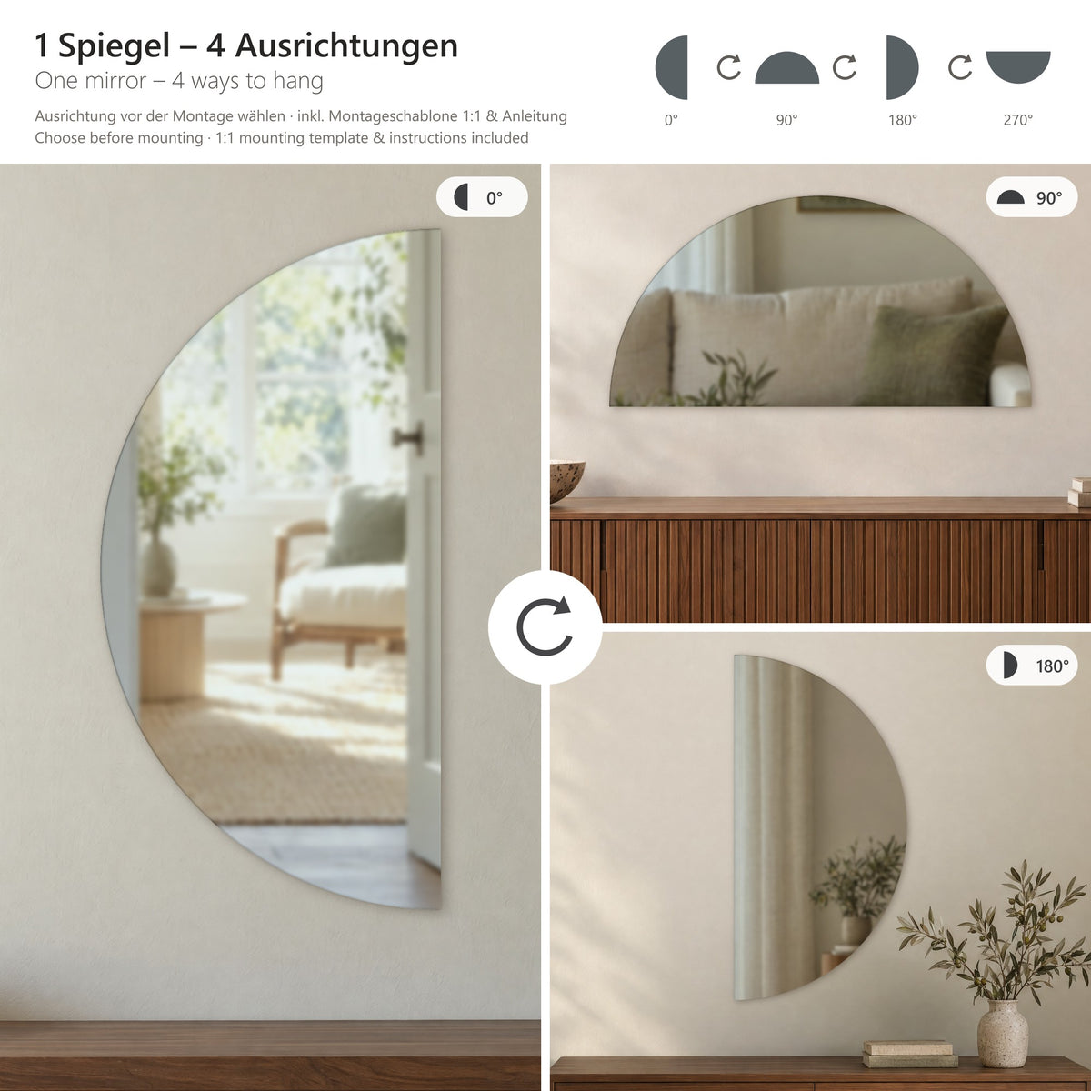 Ein Spiegel, vier Ausrichtungen: Halbmond in 0, 90, 180 und 270 Grad