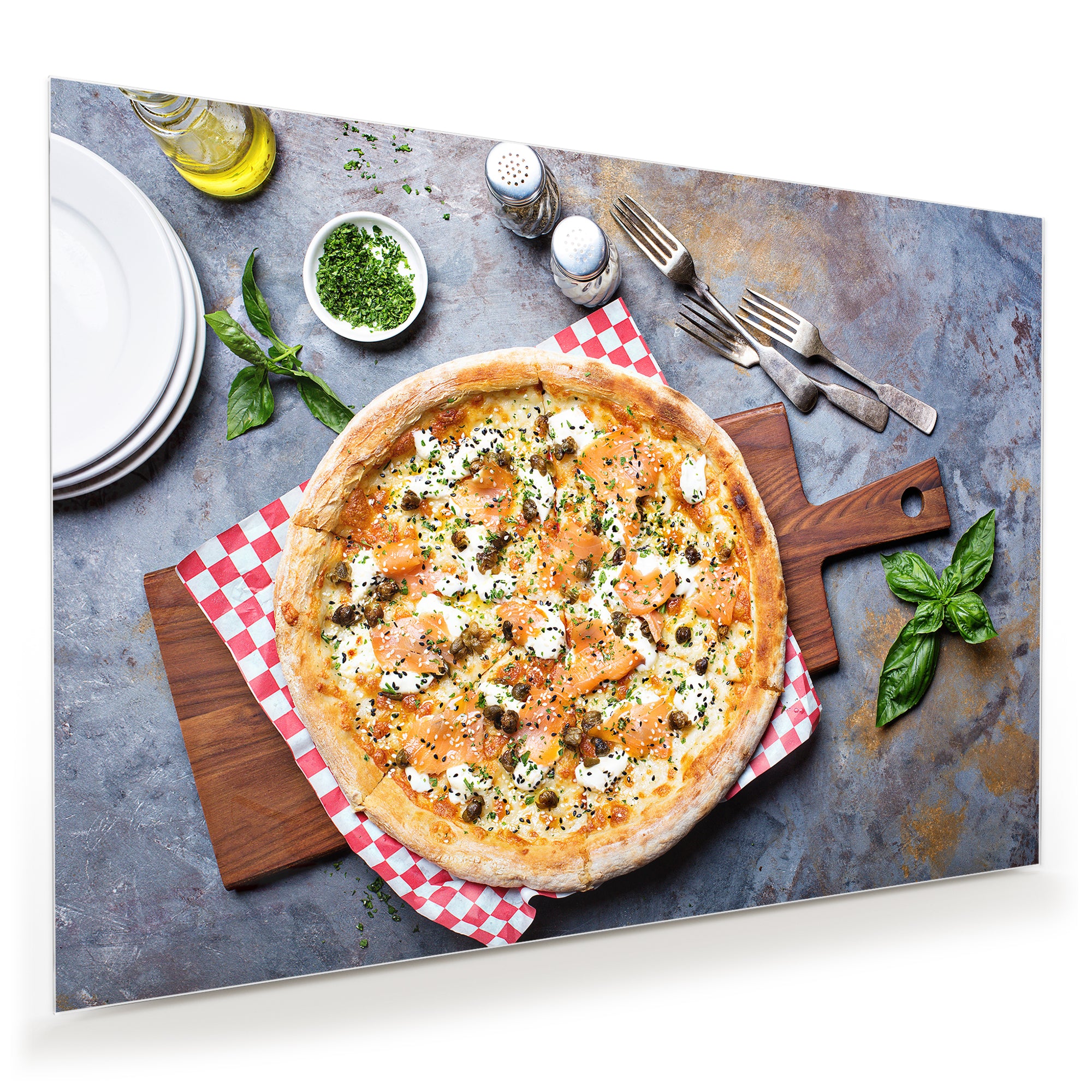 Wandbild - Pizza auf Holzbrett
