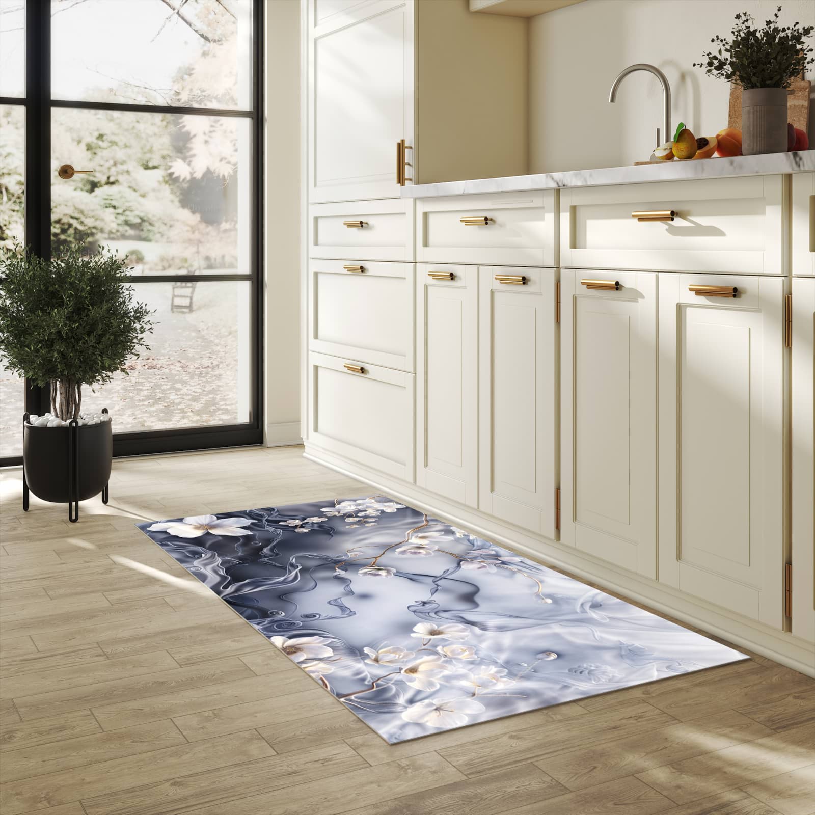 Waschbarer Küchenteppich mit Motiv Blumenwellen On Silk in heller Küche