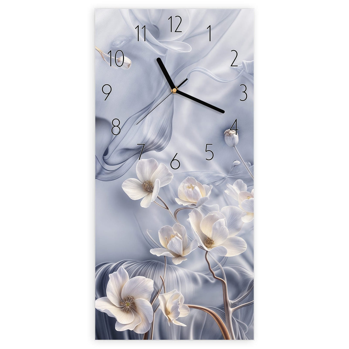 Wanduhr aus Glas, Ziffernblatt Elegant mit Motiv Weiße Blüten auf Seide: Weiße Magnolienblüten an goldenen Zweigen vor graublauen, seidig wirbelnden Schleiern #ziffernblatt_Elegant
