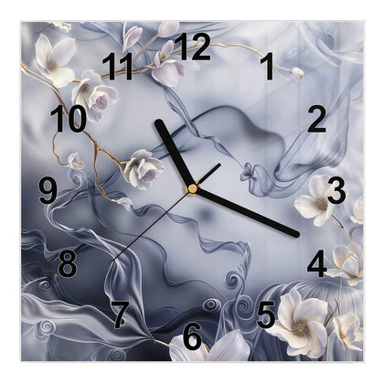 Wanduhr Quadratisch mit dem Motiv Weiße Blüten auf Seide