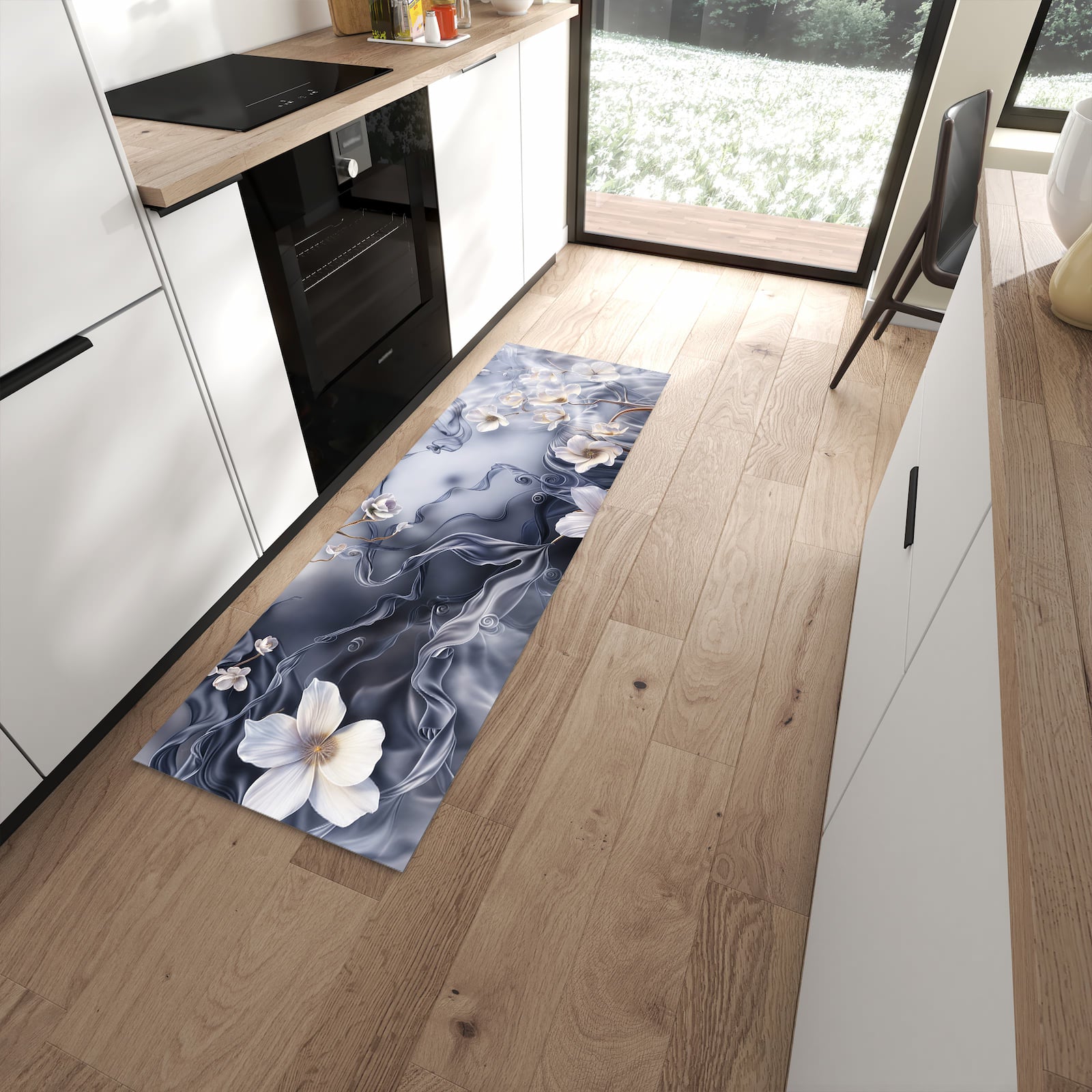Feuchtigkeitsresistenter Küchenvorleger mit Motiv Blumenwellen On Silk in moderner Küche