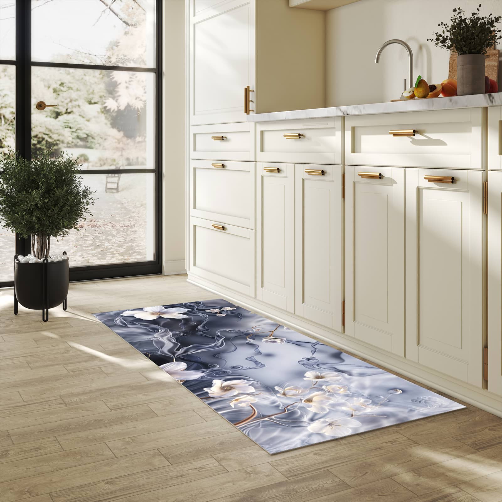 Pflegeleichter moderner Küchenläufer mit Motiv Blumenwellen On Silk in heller Küche