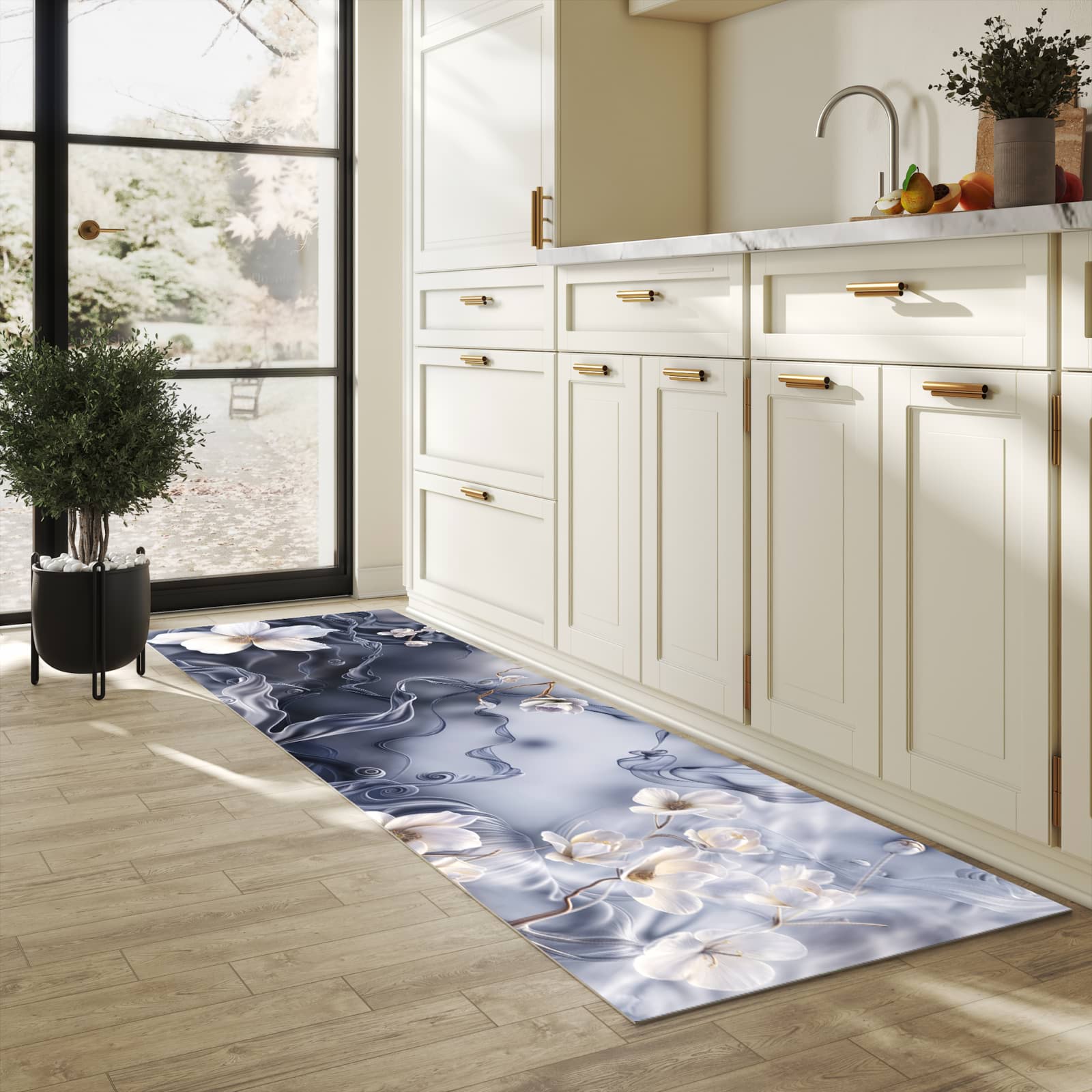 Hygienischer Küchenteppich mit Motiv Blumenwellen On Silk in heller Küche - abwaschbar