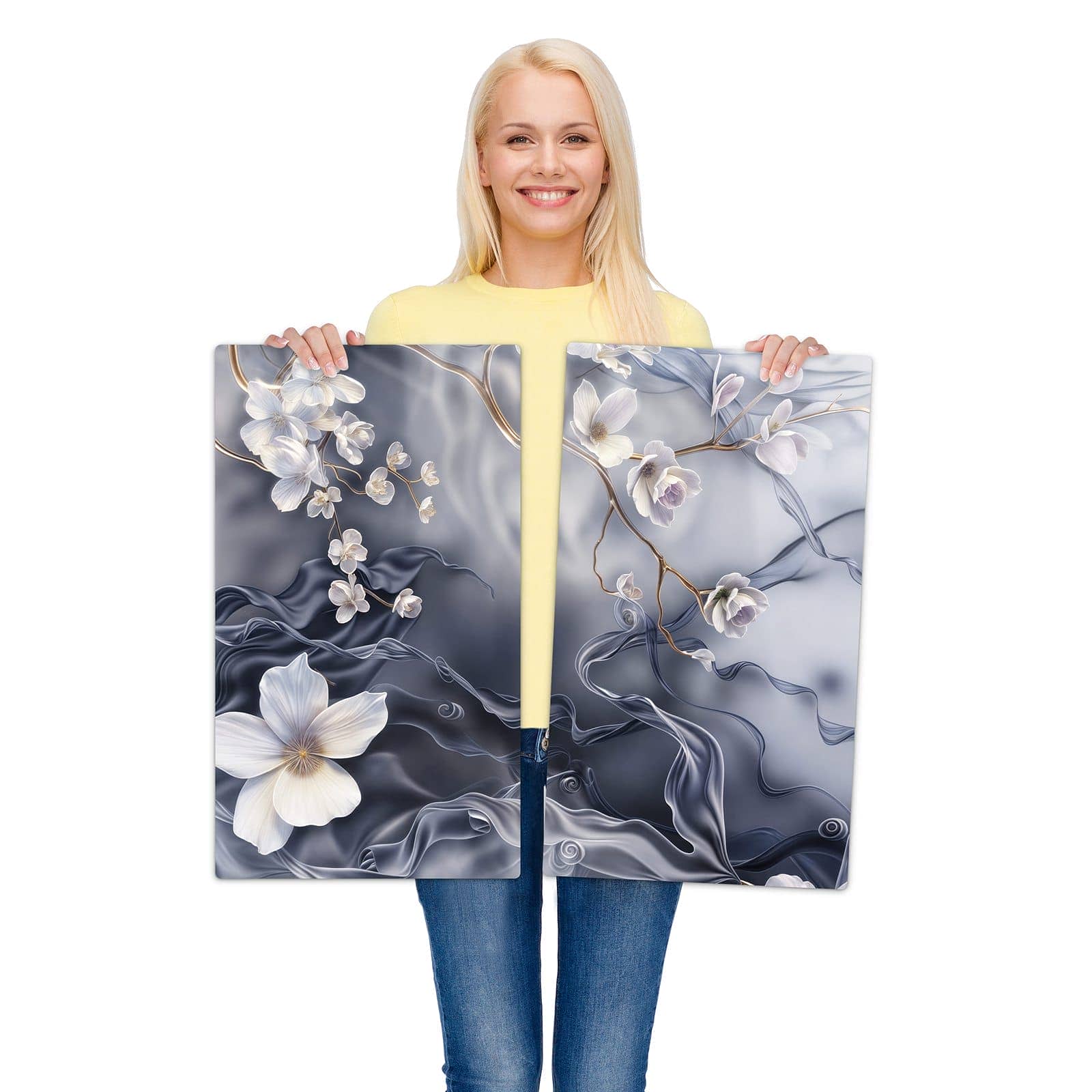 2-teilige Herdabdeckplatten aus Glas mit Blumenwellen auf Seide-Motiv wird zur Größendarstellung gehalten