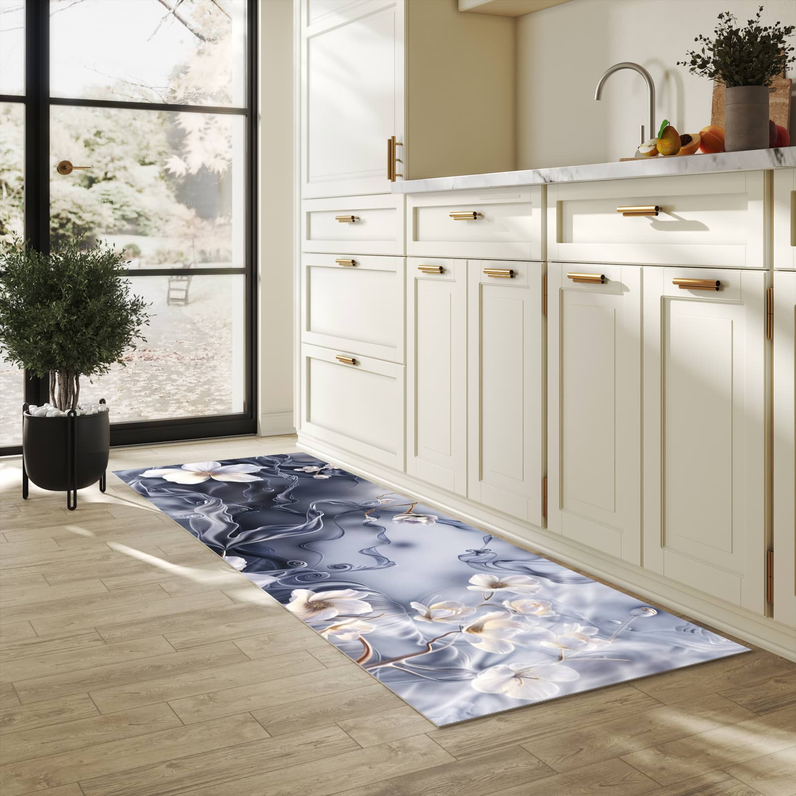 Abwaschbarer Küchenläufer mit Motiv Blumenwellen On Silk in heller Küche für angenehme Haptik