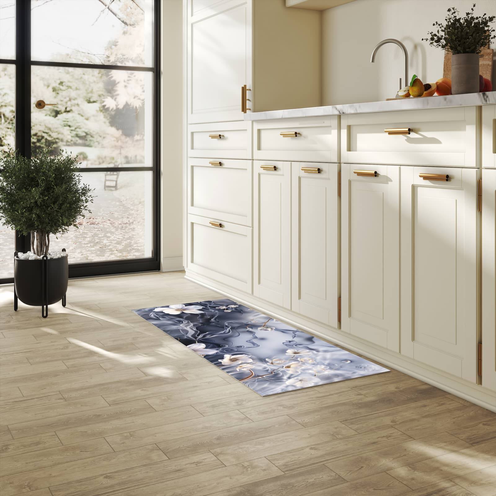 Geruchsneutraler rutschfester Küchenläufer mit Motiv Blumenwellen On Silk in heller Küche