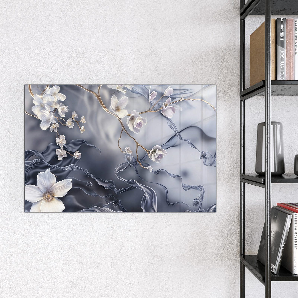 Magnettafel - Weiße Blüten auf Seide – Weiße Blüten auf goldenen Zweigen