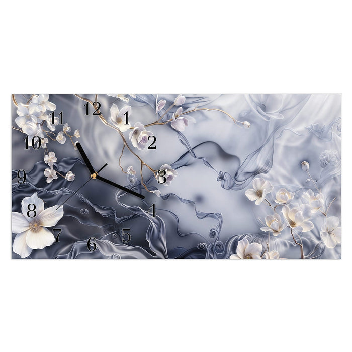 Wanduhr Blumenwellen auf Seide aus Glas – Querformat 60 × 30 cm mit Ziffernblatt Klassisch