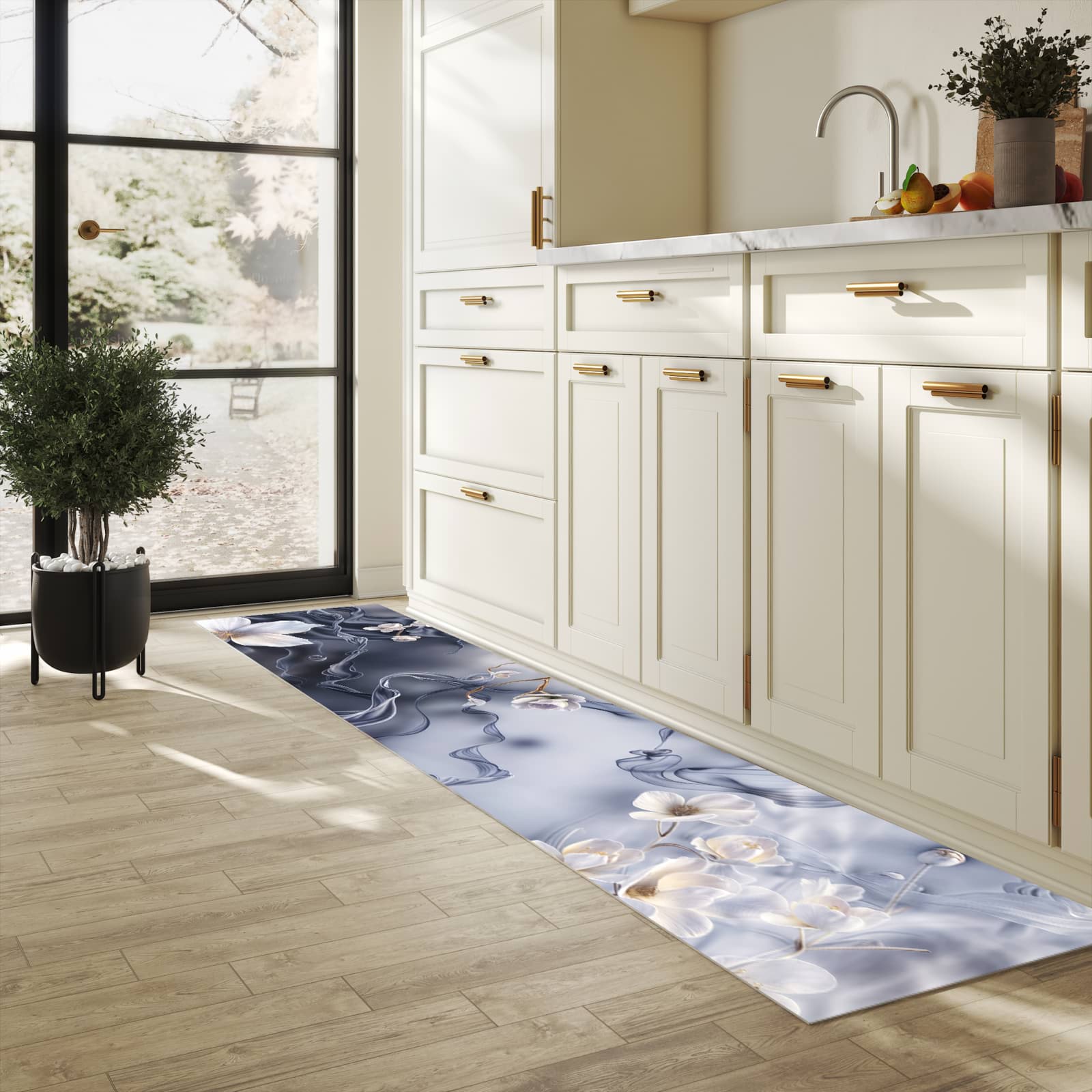 Komfortabler Küchenläufer nach Maß mit Motiv Blumenwellen On Silk in heller Küche