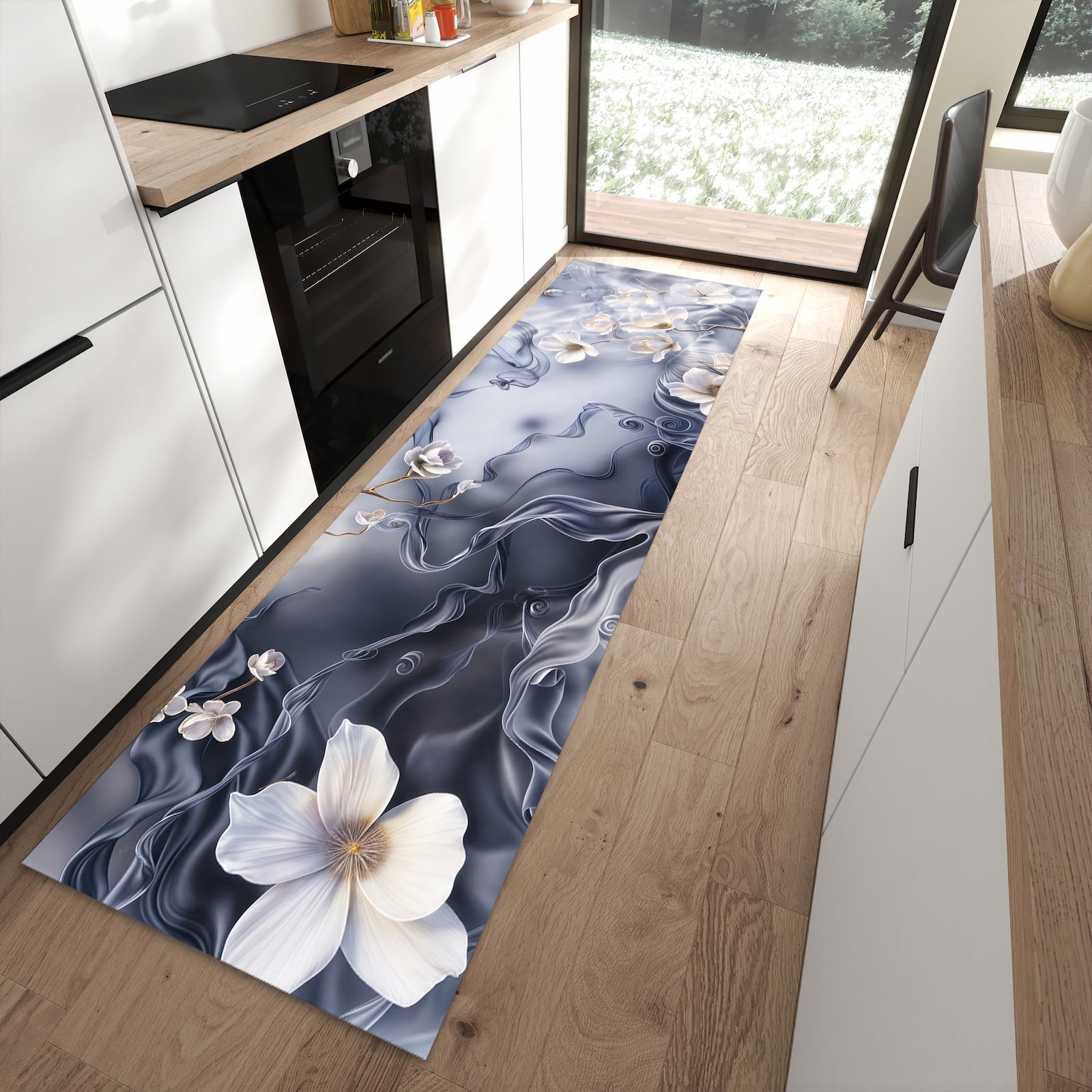 Zeitsparender langer Teppich mit Motiv Blumenwellen On Silk in moderner Küche