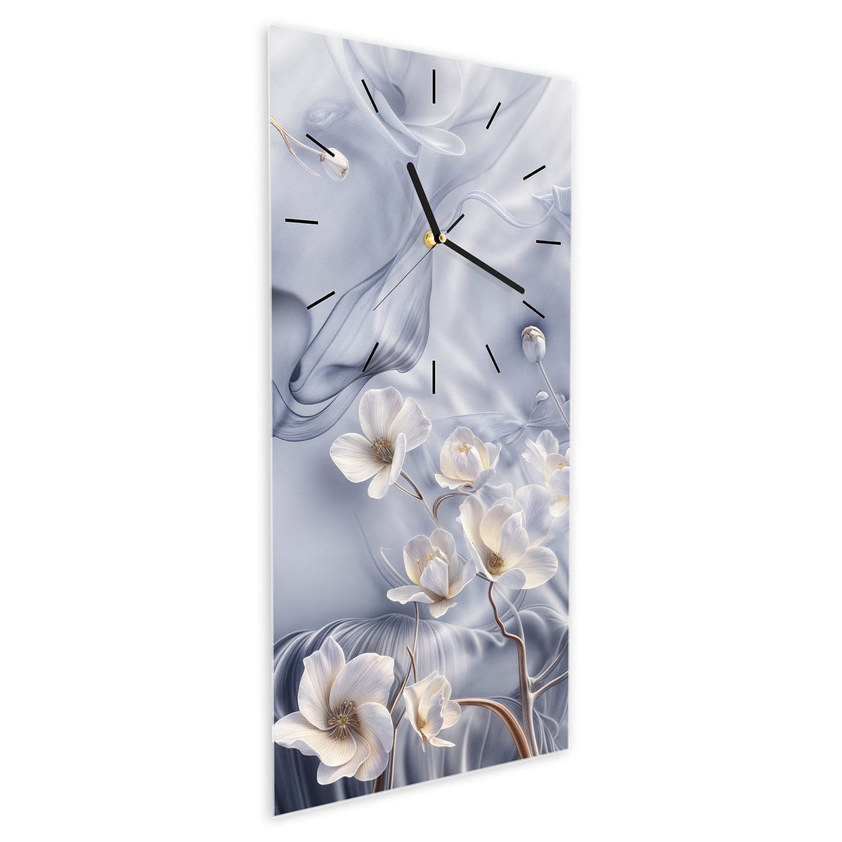 Wanduhr aus Glas im Hochformat Weiße Blüten auf Seide schräg von der Seite, 4 mm starkes Glas