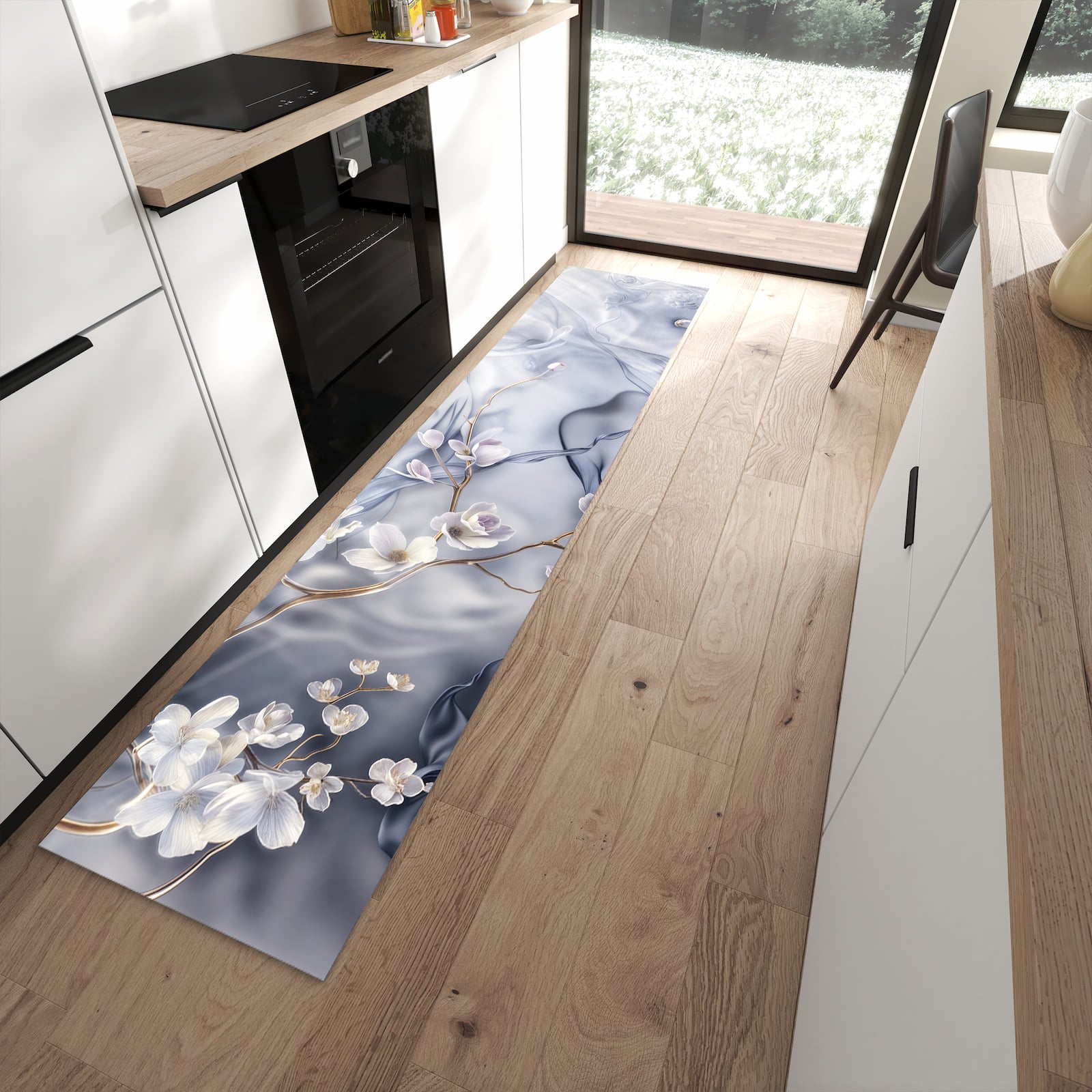 Ordnungsschaffender Küchenläufer mit Motiv Blumenwellen On Silk in moderner Küche