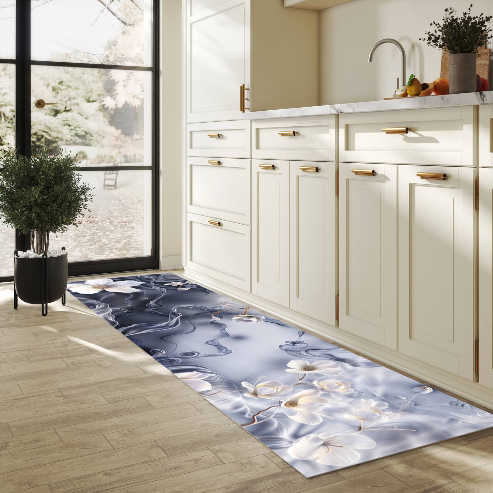 Strapazierfähiger Küchenteppich mit Motiv Blumenwellen On Silk in heller Küche