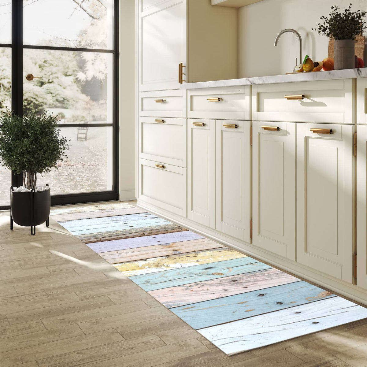 Abriebfester großer Küchenteppich mit Motiv Bunte Holzplanken in heller Küche