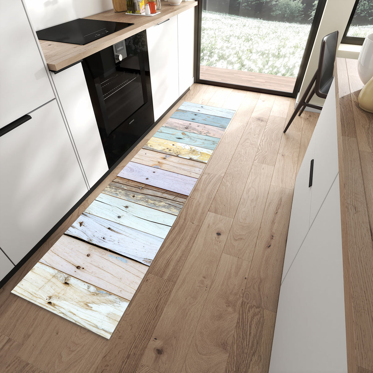Waschbarer Küchenteppich mit Motiv Bunte Holzplanken in moderner Küche
