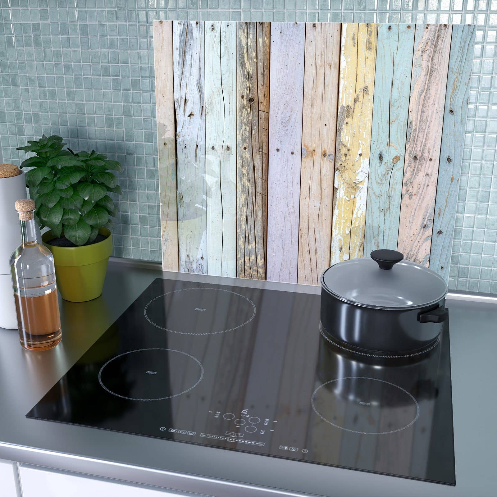 1-teilige Herdabdeckung mit Bunte Holzplanken-Motiv als Spritzschutz hinter dem Kochfeld
