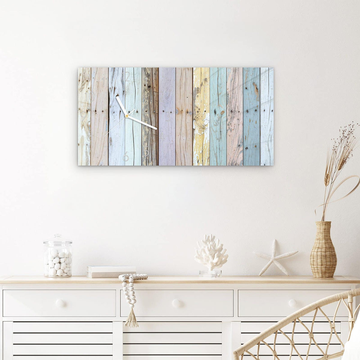 Wanduhr Bunte Holzplanken aus Glas – Querformat 60 × 30 cm – Pastellfarbene Holzbretter nebeneinander