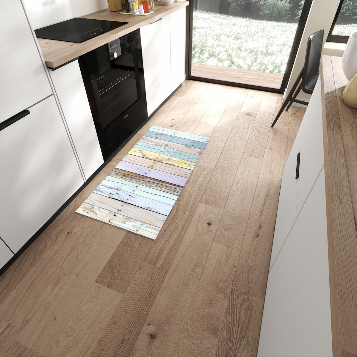Langlebiger Küchenläufer mit Motiv Bunte Holzplanken in moderner Küche #grösse_60 x 120 cm