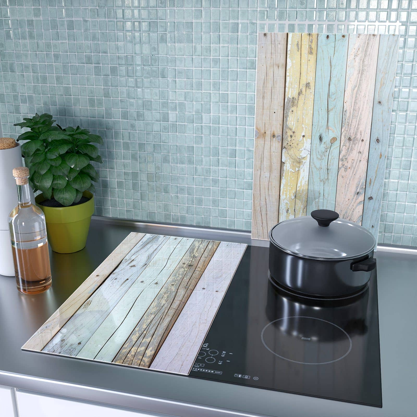 2-teilige Herdabdeckung mit Bunte Holzplanken-Motiv als Spritzschutz hinter dem Kochfeld