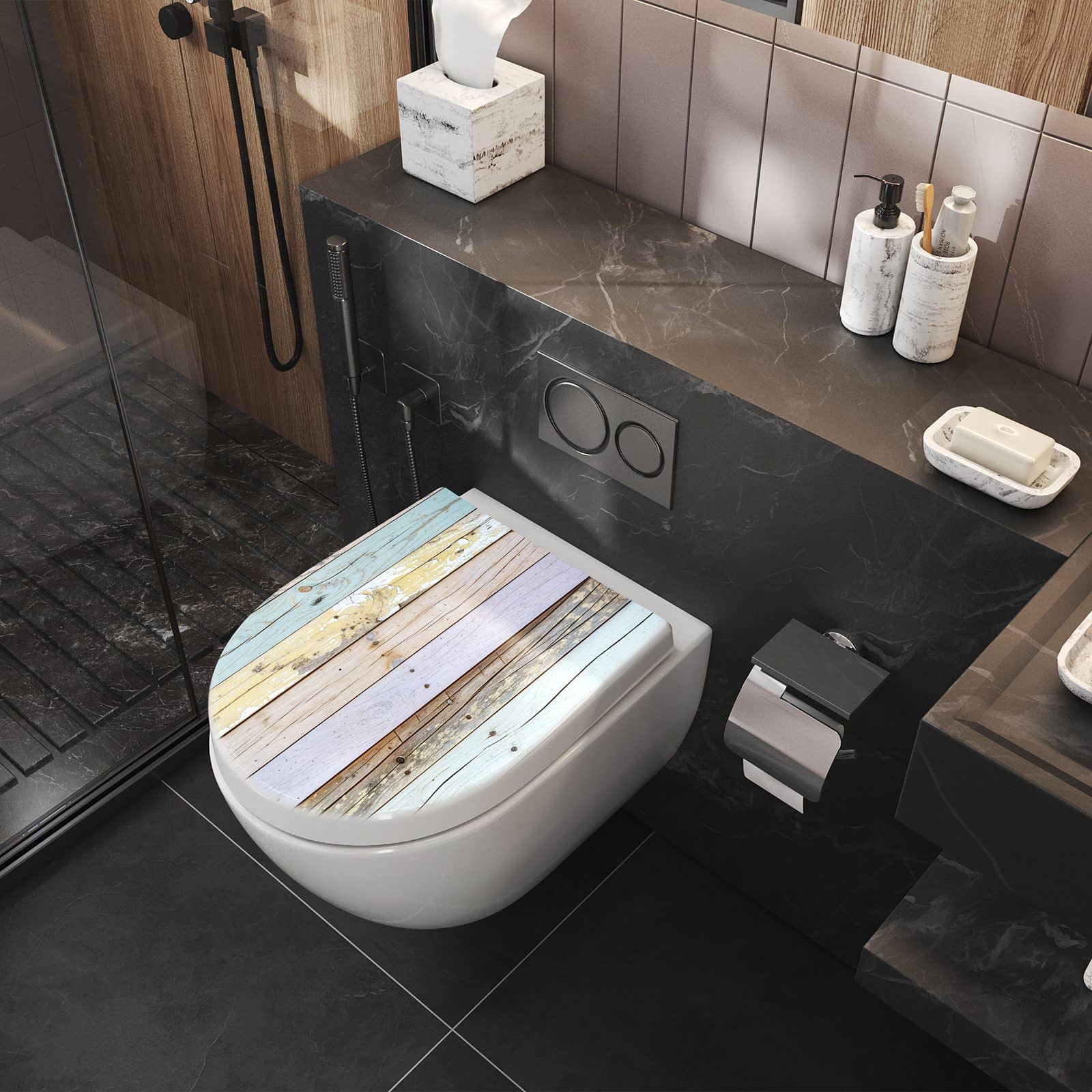 WC-Sitz mit Absenkautomatik Bunte Holzplanken