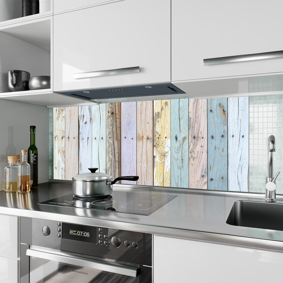 Küchenrückwand aus Glas Holzbretter in Pastell im Hochformat als Spritzschutz hinter dem Kochfeld, über dem Fliesenspiegel montiert