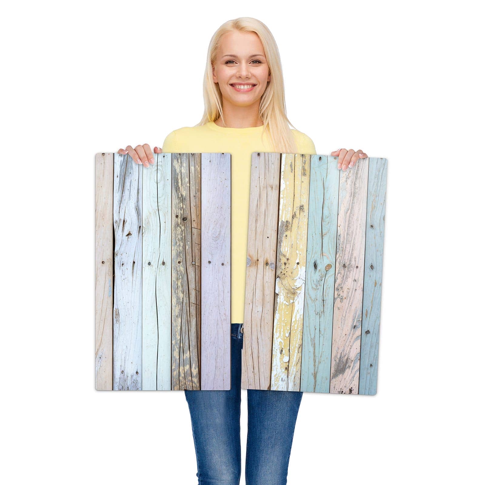 2-teilige Abdeckplatten für Ceranfeld mit Bunte Holzplanken-Motiv wird zur Größendarstellung gehalten