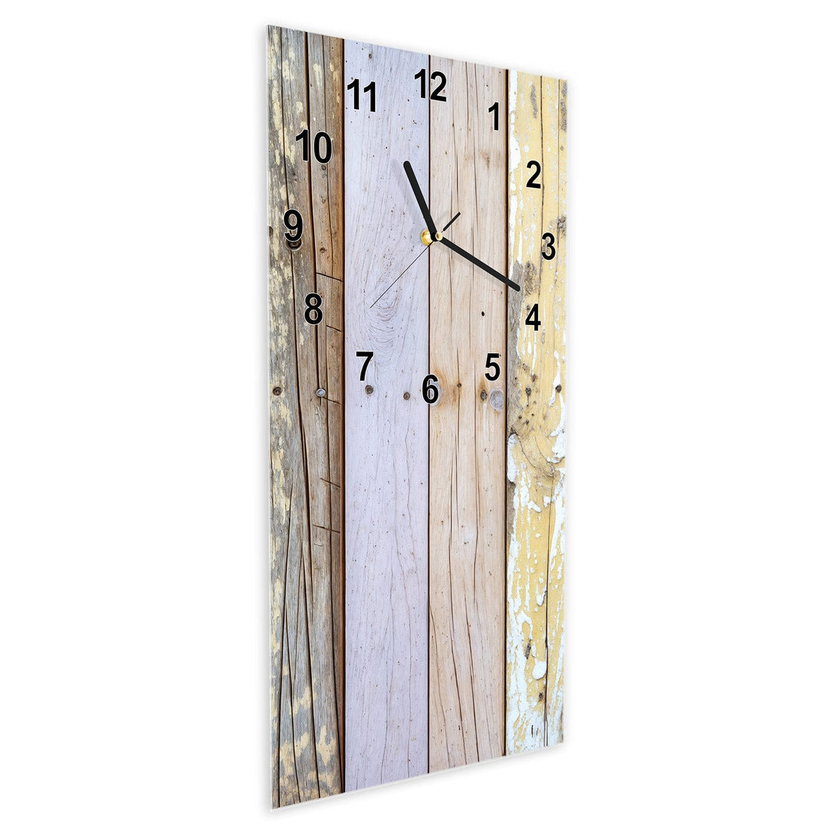 Wanduhr aus Glas im Hochformat Holzbretter in Pastell schräg von der Seite, 4 mm starkes Glas