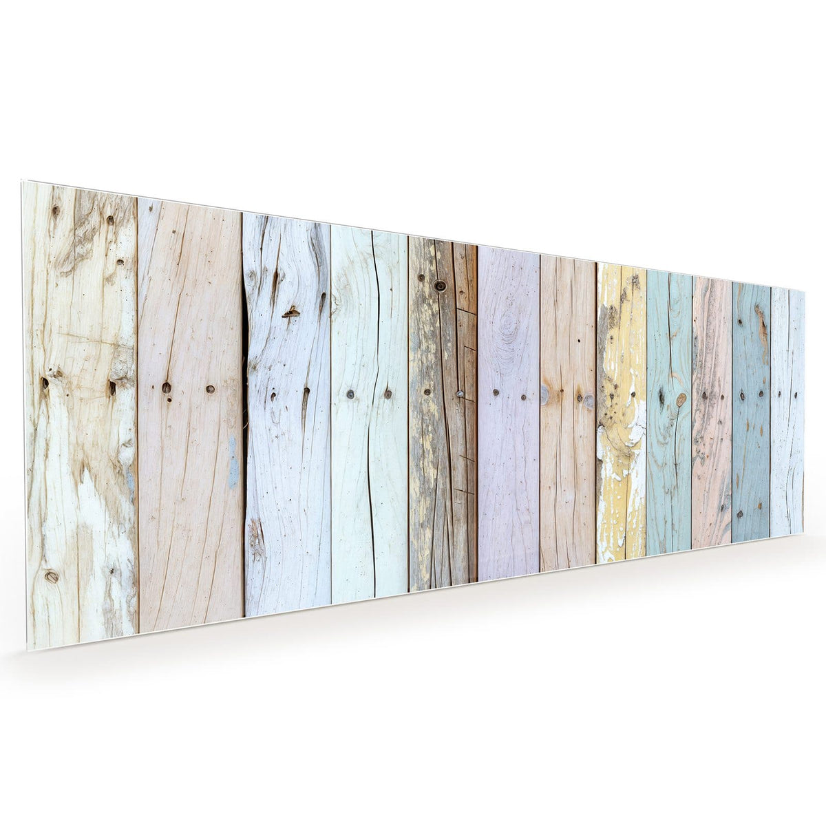 Küchenrückwand aus Glas im Hochformat mit Motiv Holzbretter in Pastell: Senkrechte Bretter in verblasstem Flieder, Mint, Gelb und Rosa