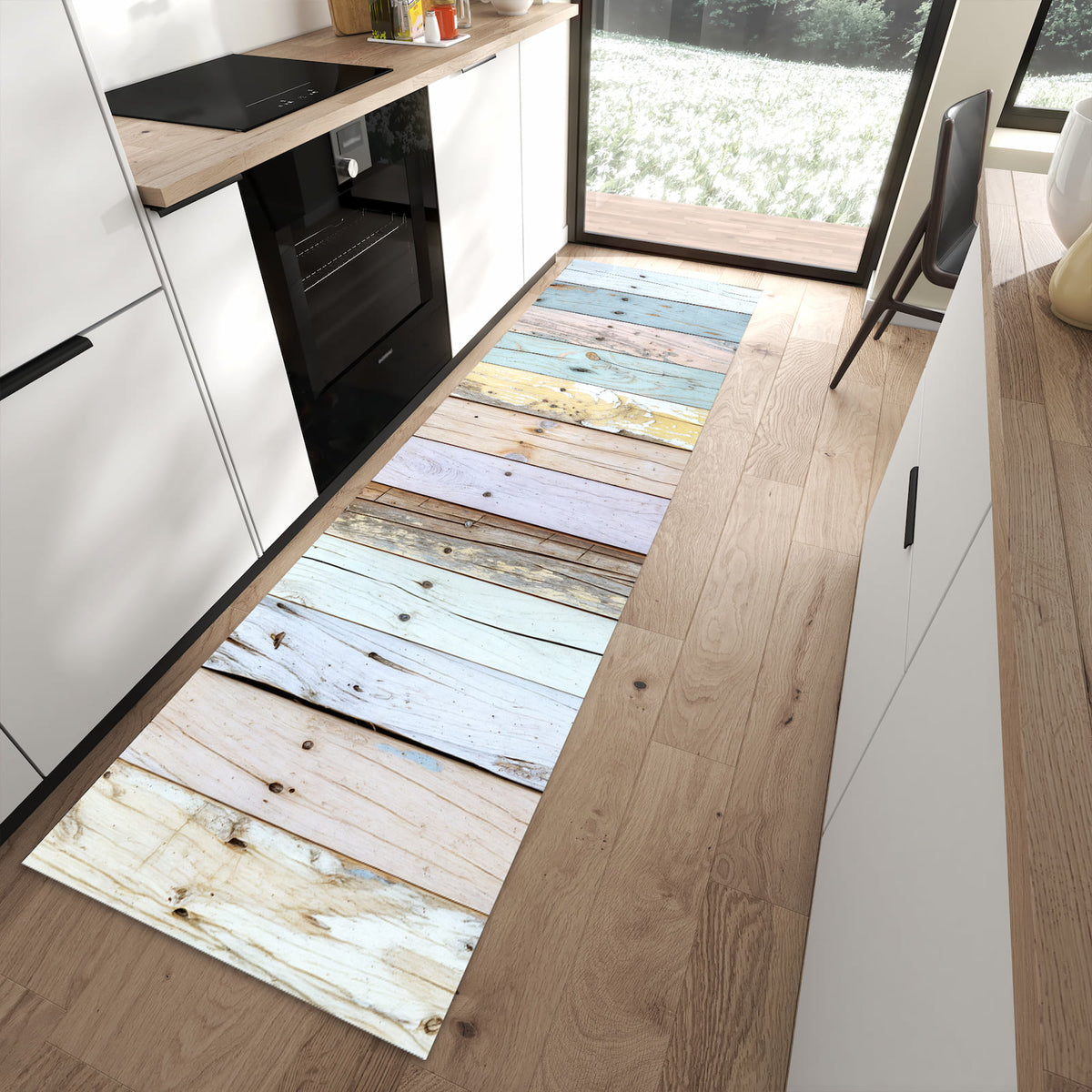 Rutschfester großer Küchenteppich mit Motiv Bunte Holzplanken in moderner Küche