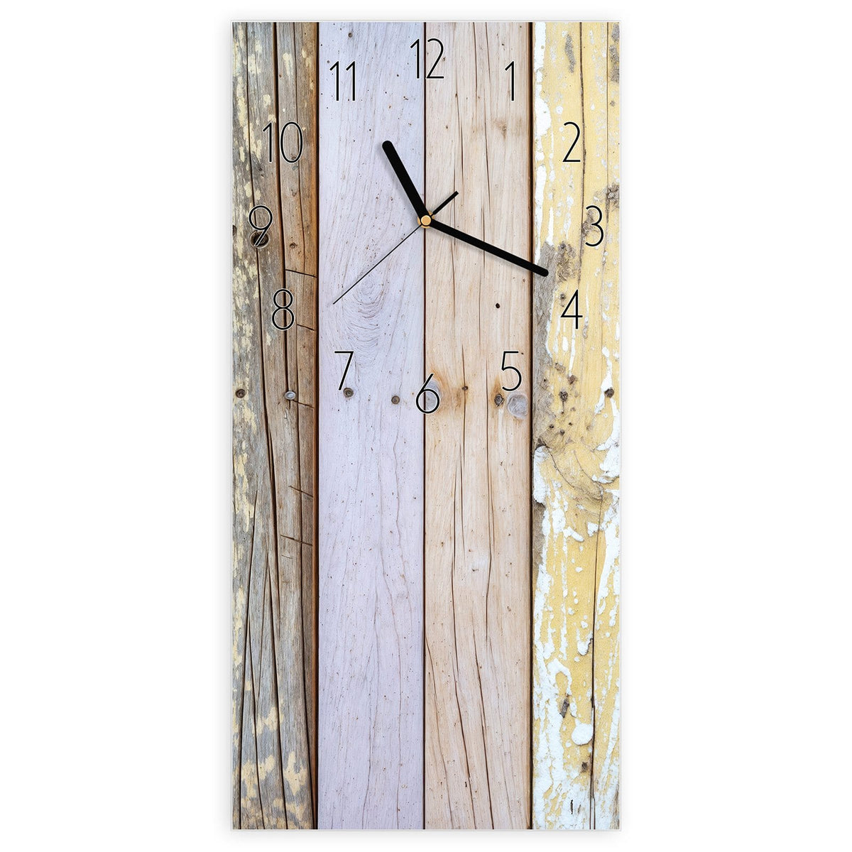 Wanduhr aus Glas, Ziffernblatt Elegant mit Motiv Holzbretter in Pastell: Senkrechte Bretter in verblasstem Flieder, Mint, Gelb und Rosa