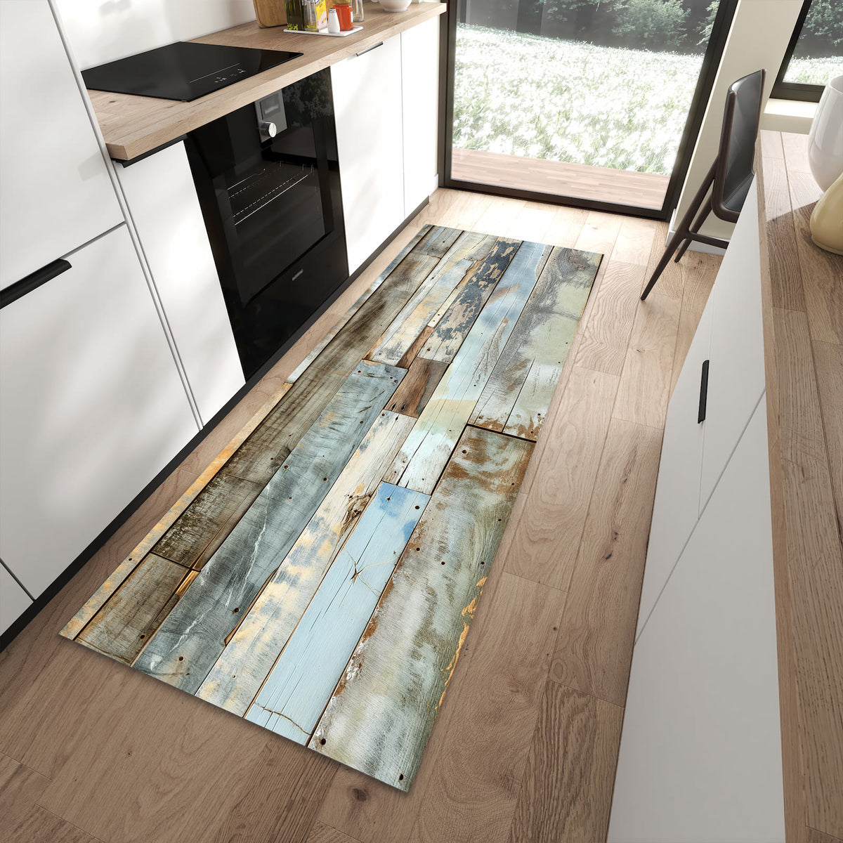 Geruchsneutraler Teppich in Küche mit Motiv Alte Holzplanken in moderner Küche