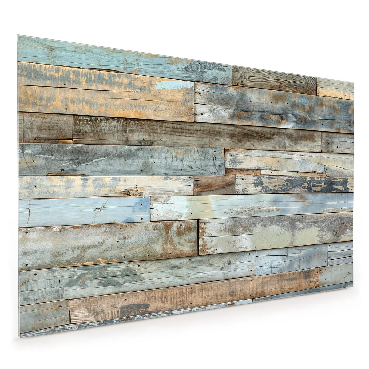 Küchenrückwand aus Glas im Hochformat: Verwitterte Holzbretter in Hellblau, Türkis, Beige und Braun