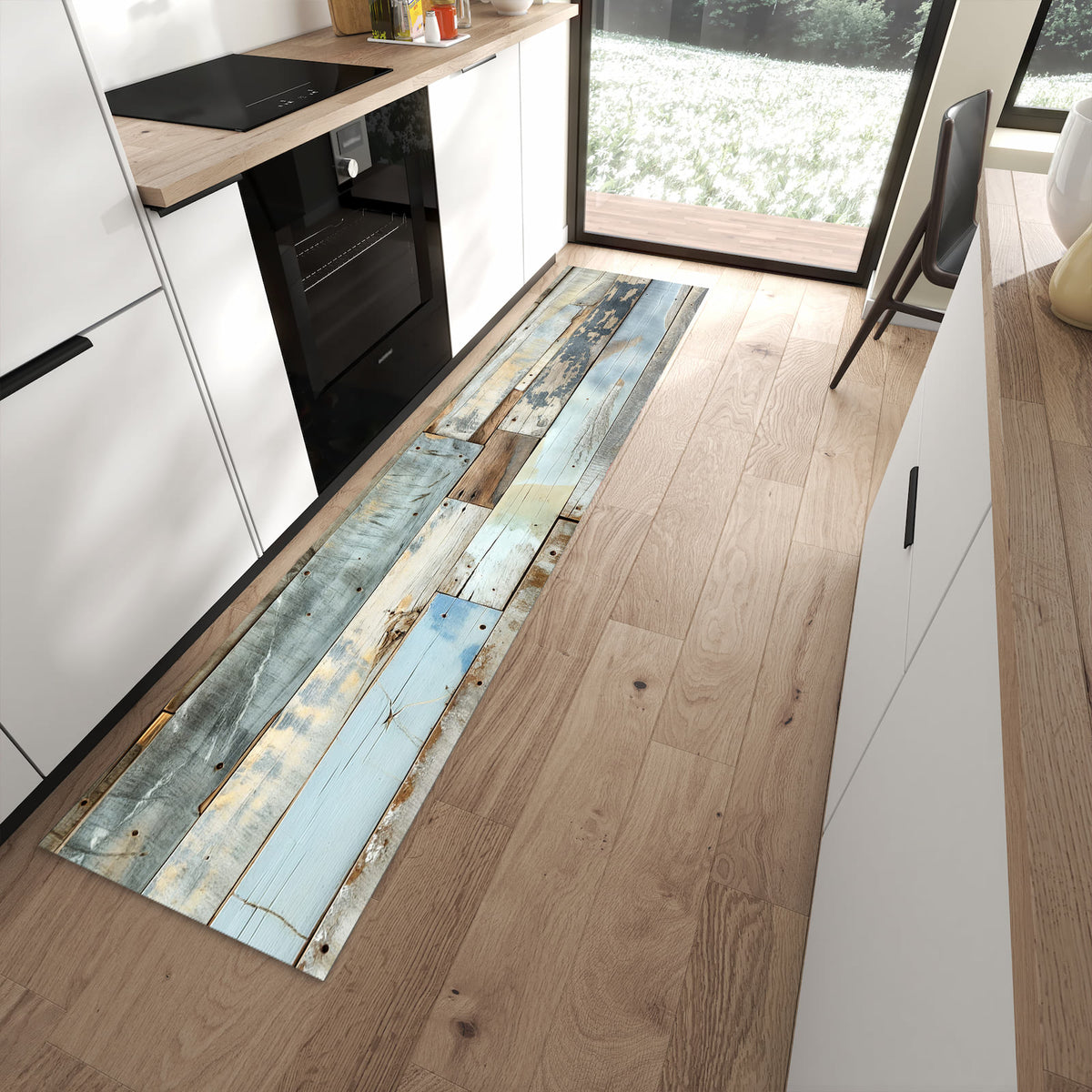 Zeitsparender abwaschbarer Küchenteppich mit Motiv Alte Holzplanken in moderner Küche
