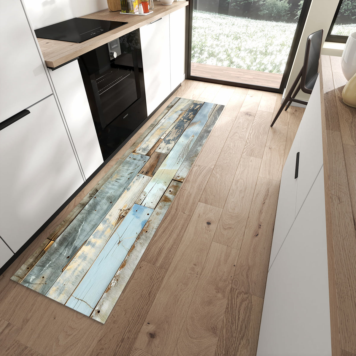 Abwaschbarer Küchenläufer mit Motiv Alte Holzplanken in moderner Küche