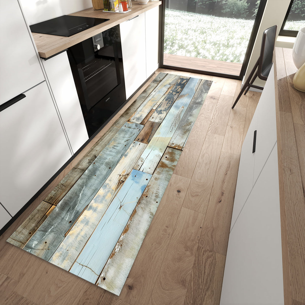 Wasserabweisender Teppich für die Küche mit Motiv Alte Holzplanken in moderner Küche
