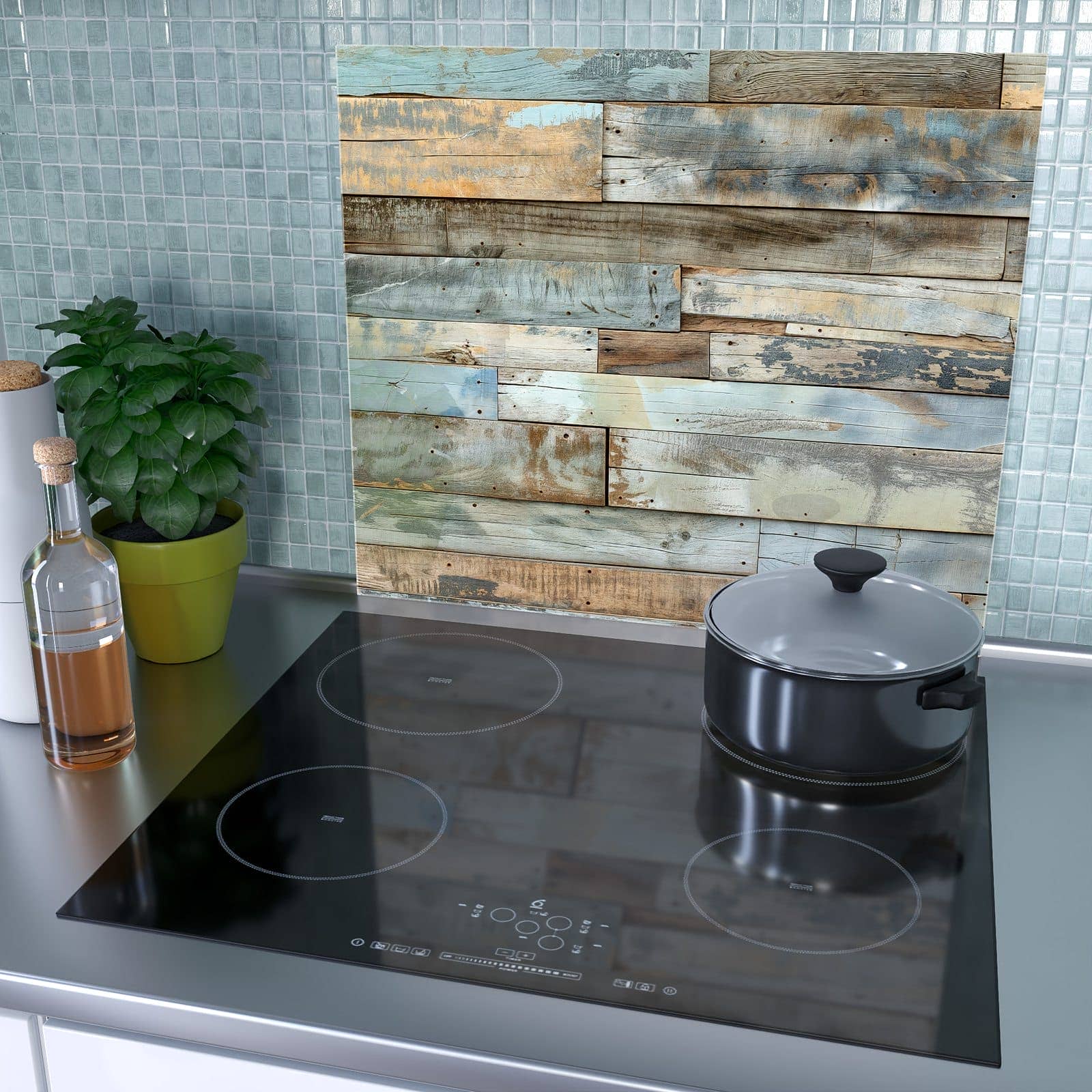 1-teilige Herdabdeckplatte mit Alte Holzplanken-Motiv als Spritzschutz hinter dem Kochfeld