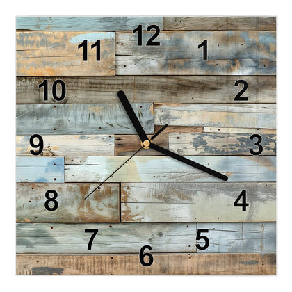 Wanduhr Quadratisch mit dem Motiv Holz in Blau und Braun