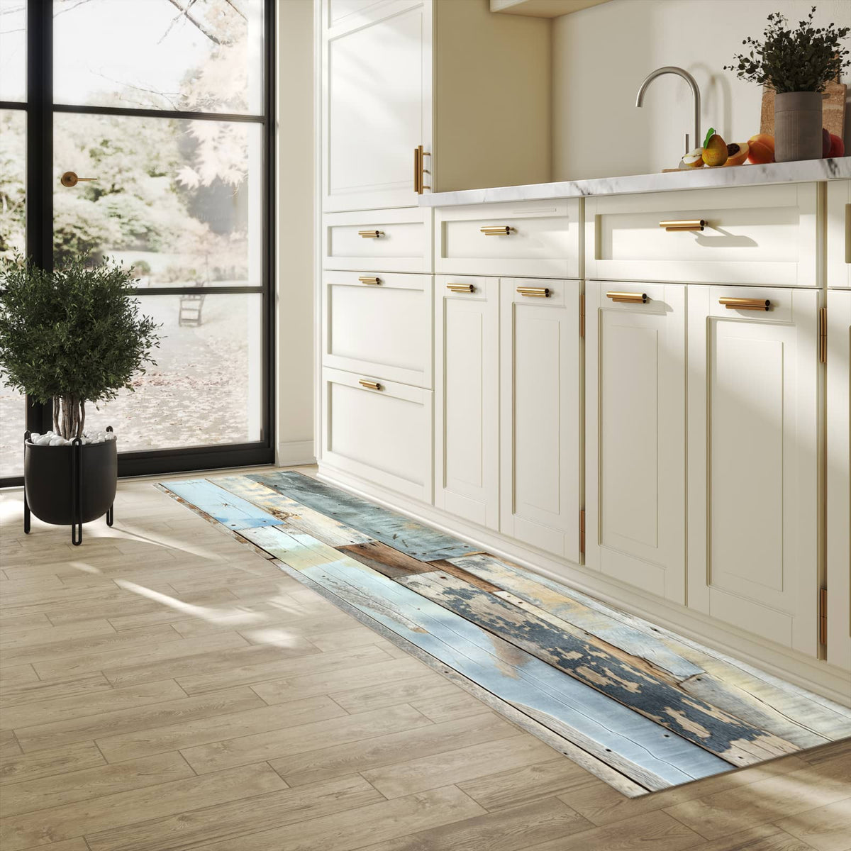 Komfortabler langer Teppich mit Motiv Alte Holzplanken in heller Küche