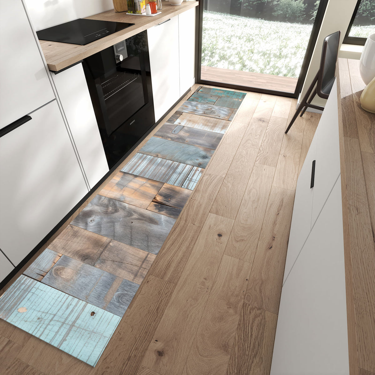 Hygienischer Küchenläufer mit Motiv Holzplanken Vintage in moderner Küche