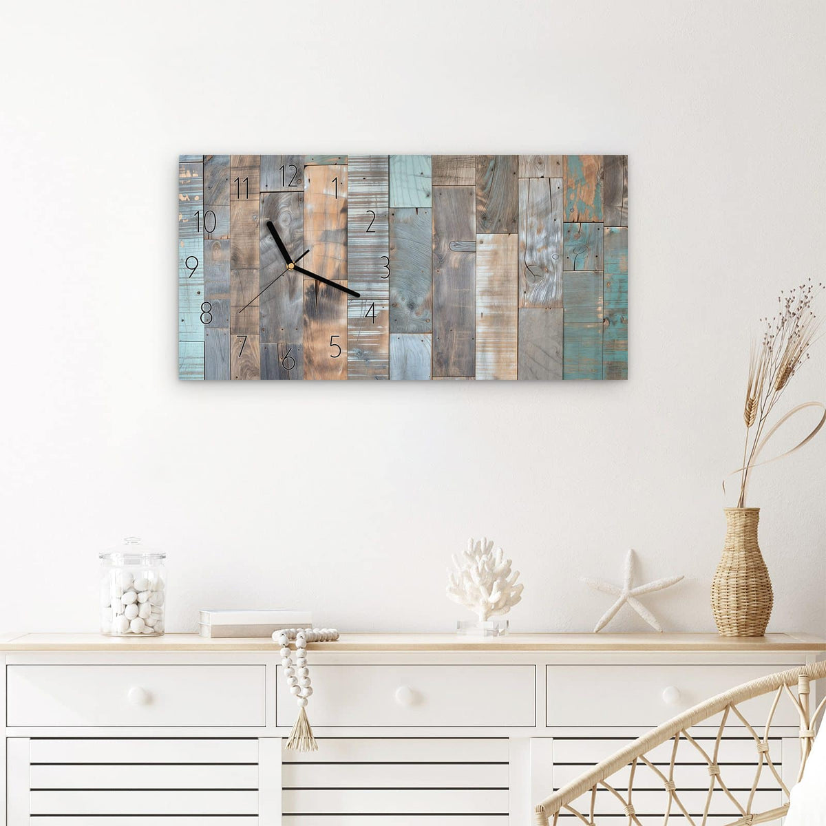Wanduhr Holzplanken Vintage aus Glas – Querformat 60 × 30 cm – Patchwork aus türkisen Holzbrettern