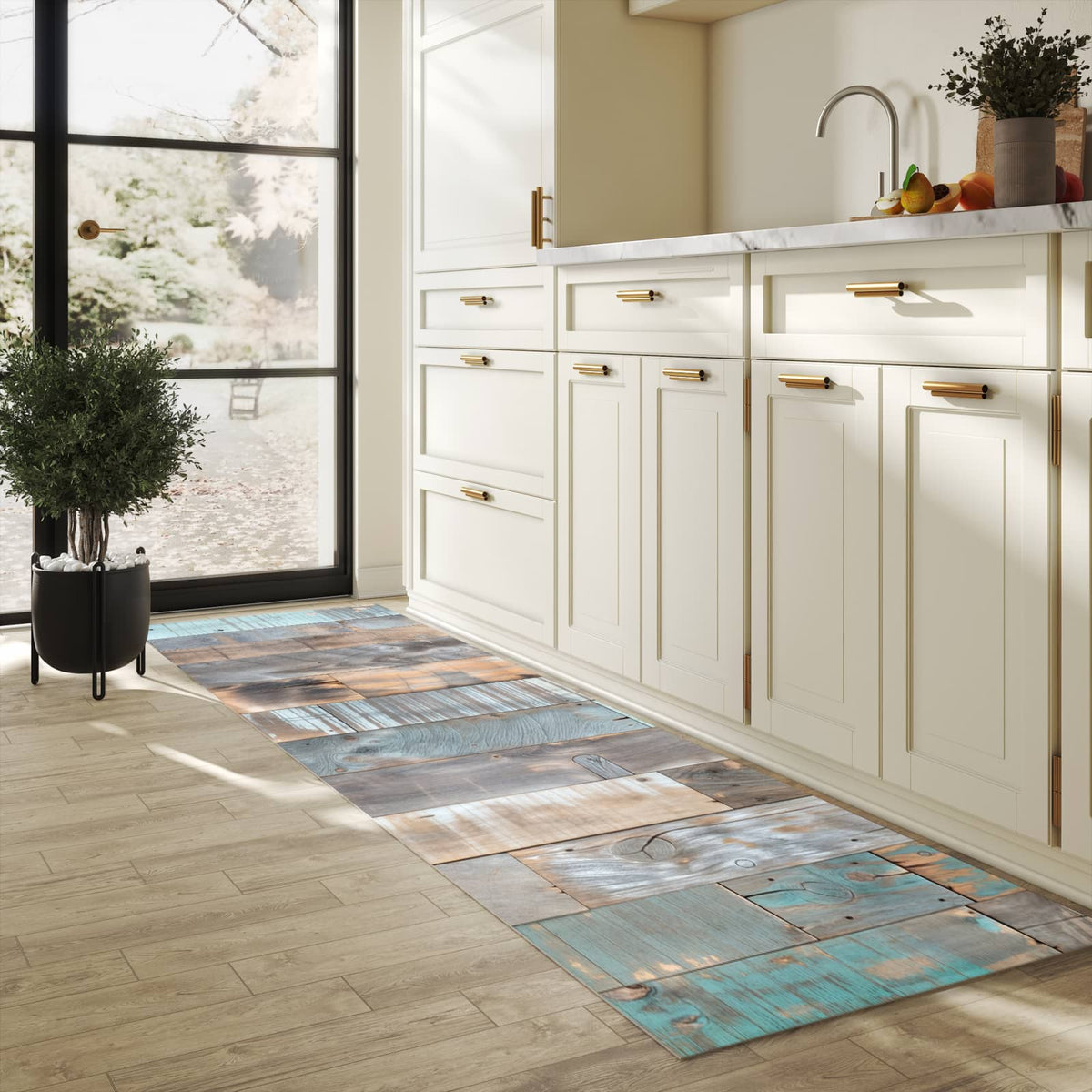 Küchenteppich mit Motiv Holzplanken Vintage für Trittkomfort in heller Küche