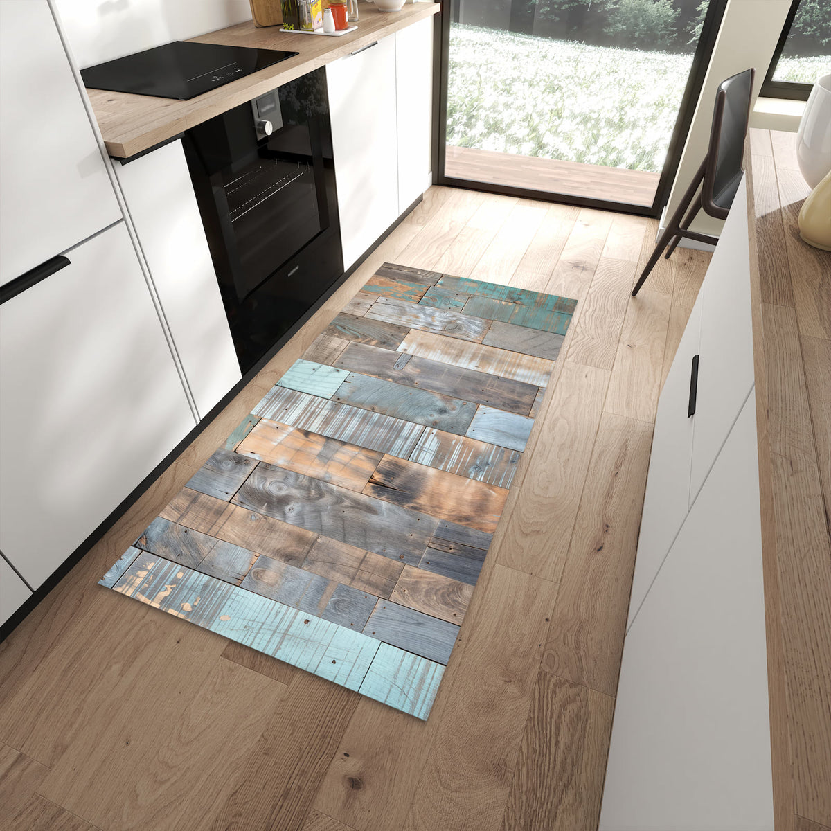 Bodenschonender rutschfester Küchenläufer mit Motiv Holzplanken Vintage in moderner Küche