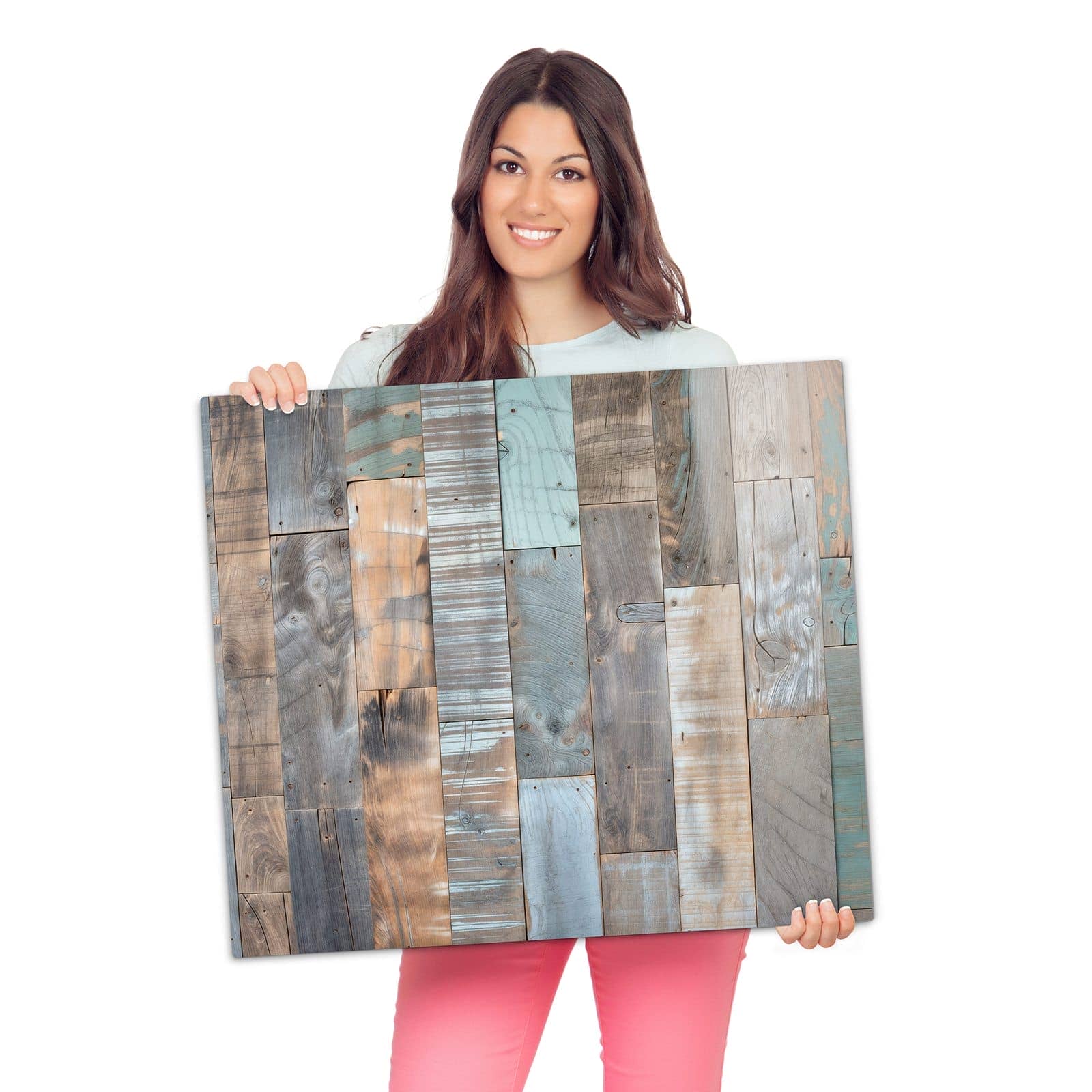 Abdeckung für Herdplatten mit Holzplanken Vintage-Motiv wird zur Größendarstellung gehalten