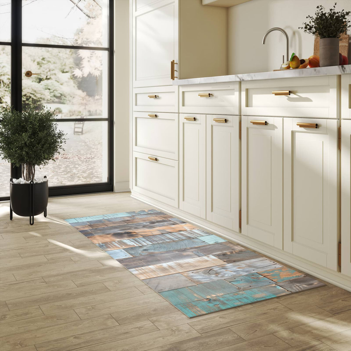 Rutschfester Küchenteppich mit Motiv Holzplanken Vintage in heller Küche