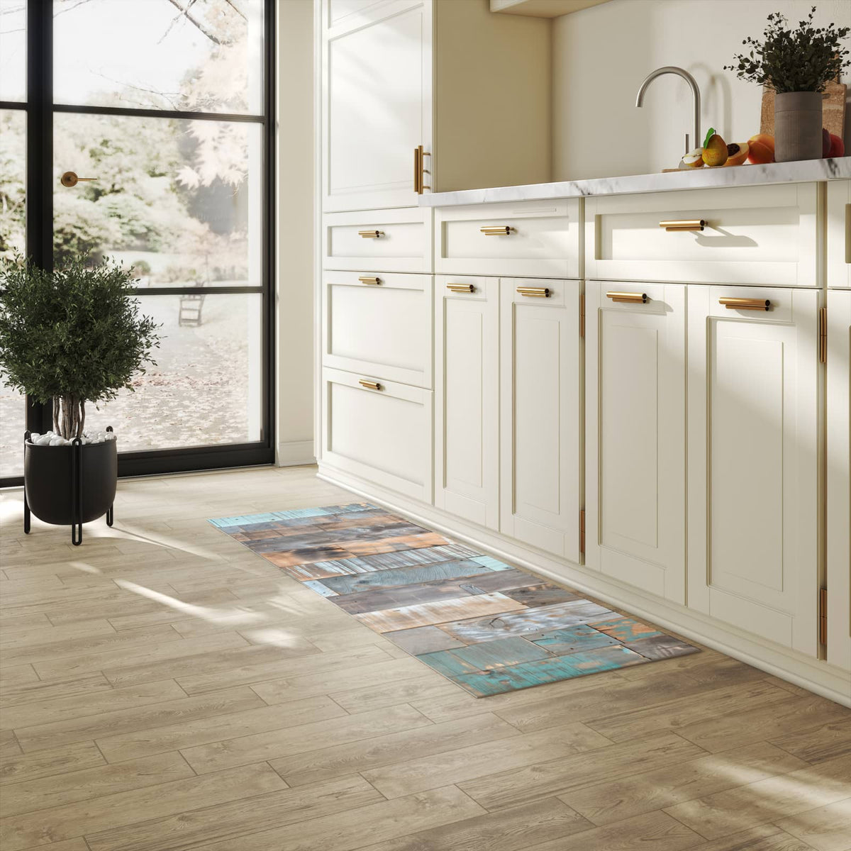 Küchenteppich mit Motiv Holzplanken Vintage für angenehme Haptik in heller Küche