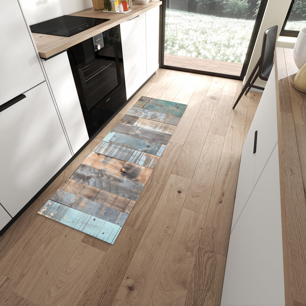 Rutschfester Küchenteppich mit Motiv Holzplanken Vintage in moderner Küche