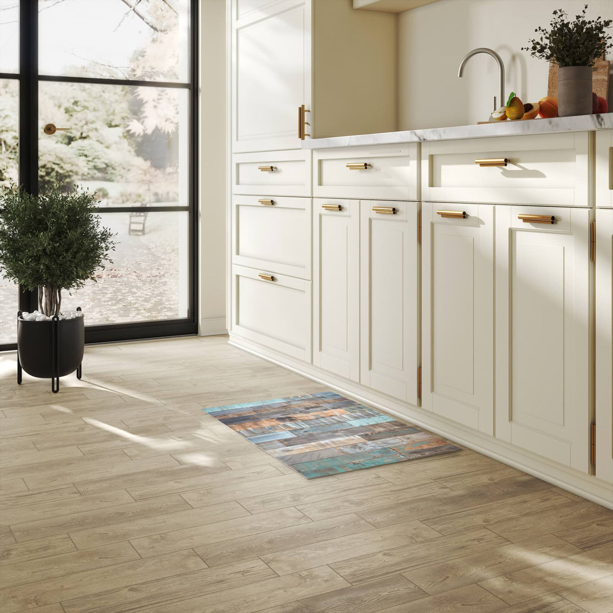 Langlebiger Küchenteppich mit Motiv Holzplanken Vintage in heller Küche