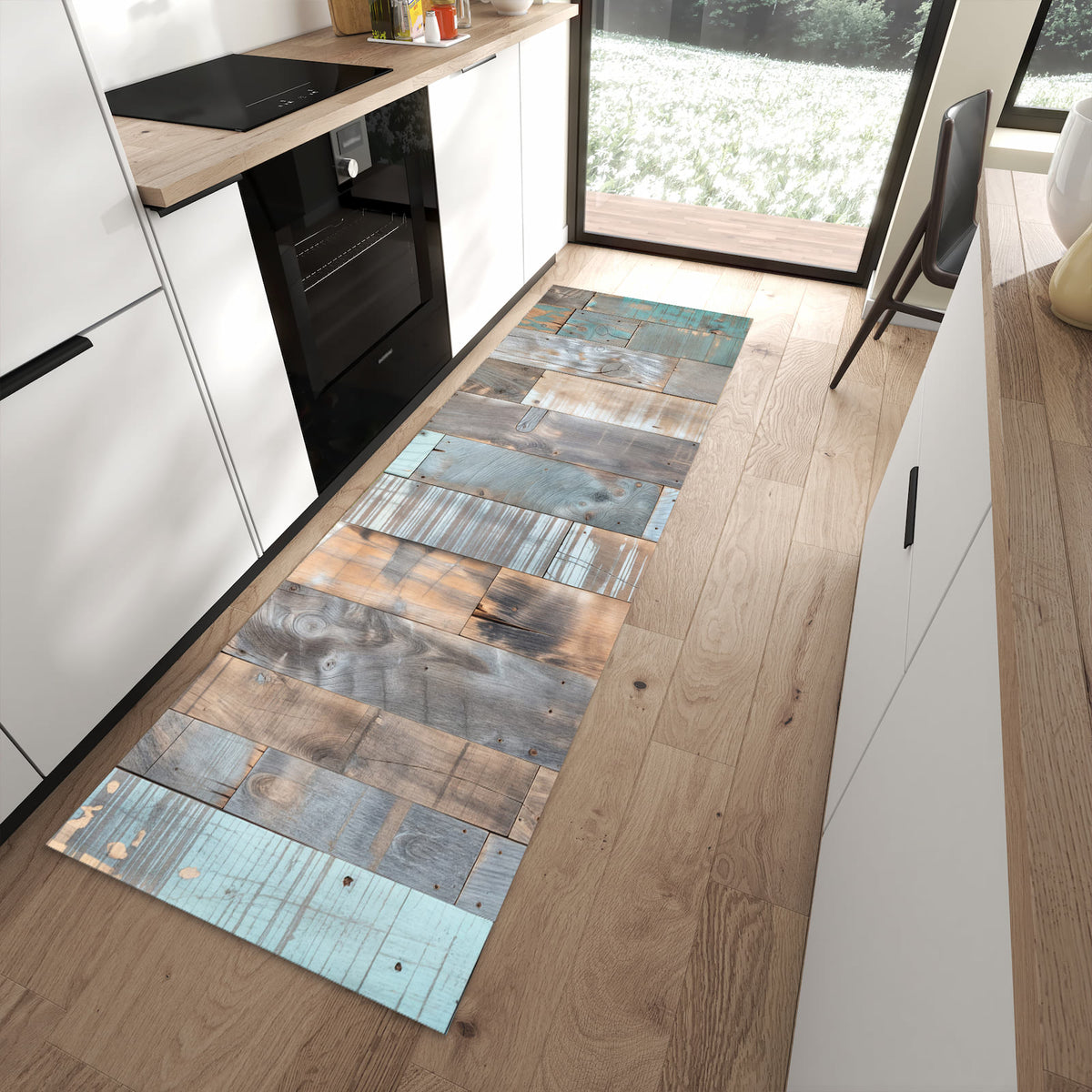 Langlebiger rutschfester Küchenläufer mit Motiv Holzplanken Vintage in moderner Küche