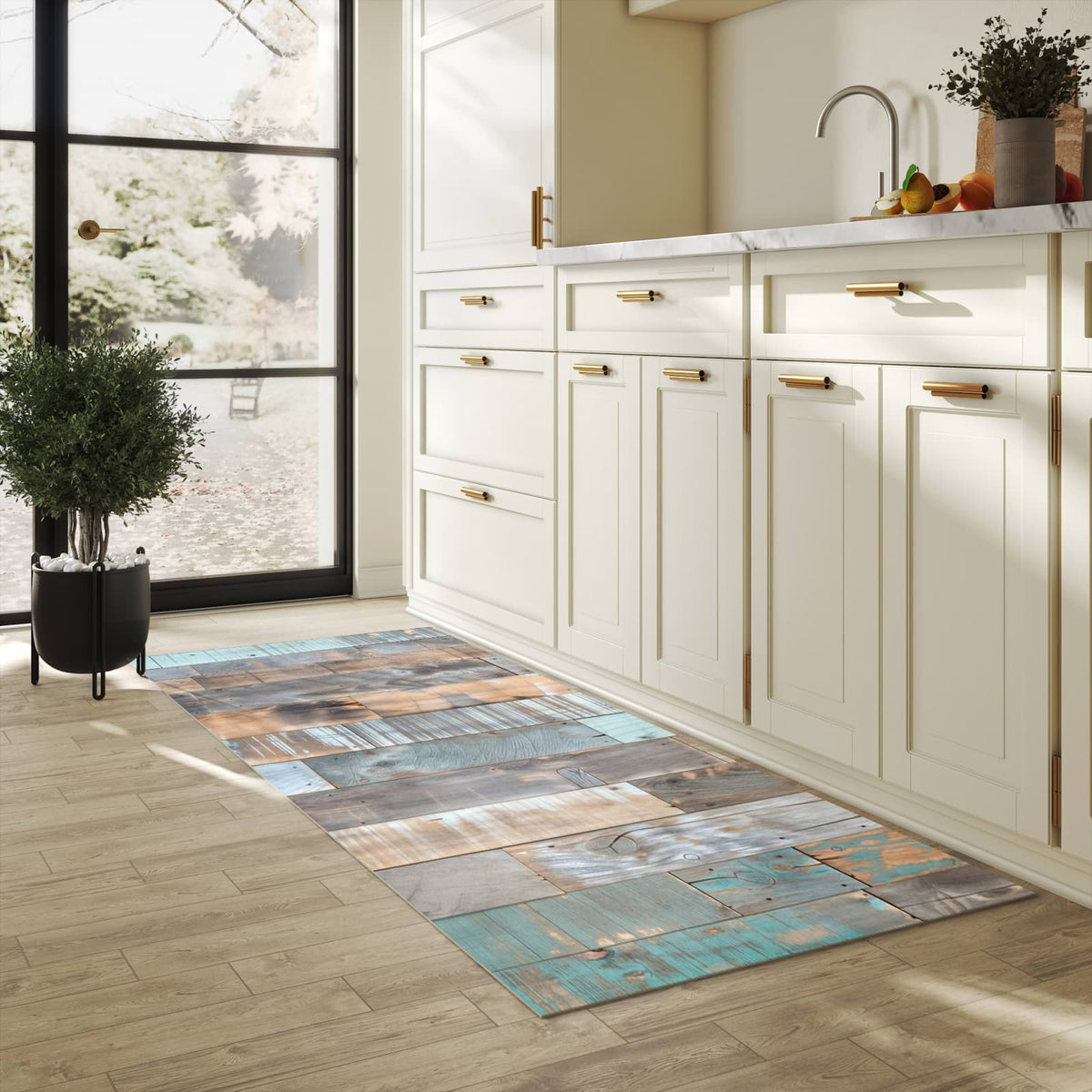 Fleckenresistenter waschbarer Teppich Küche mit Motiv Holzplanken Vintage in heller Küche
